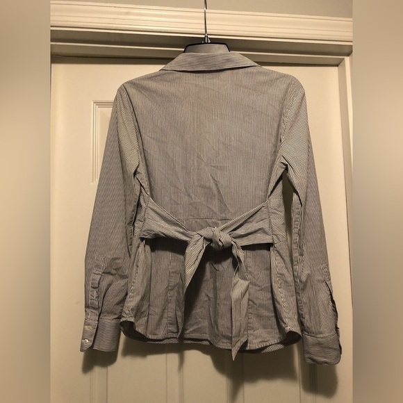 Zara Basic Large Long Sleeve Blue White Striped Tie Back Belt Collared Blouse - Picture 3 of 6